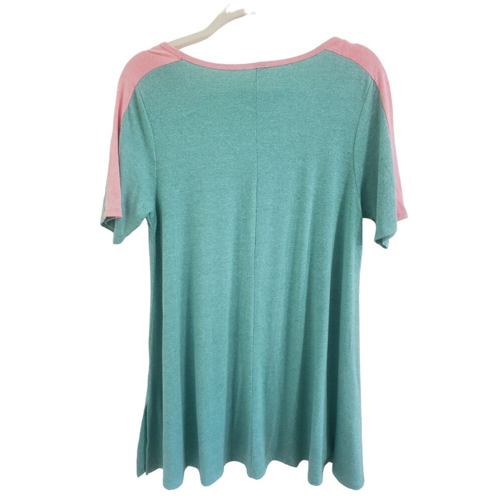 LulaRoe Irma Tunic Top S Green Pink Trim Drop Shoulder High Low Shirt Women's - Picture 2 of 5